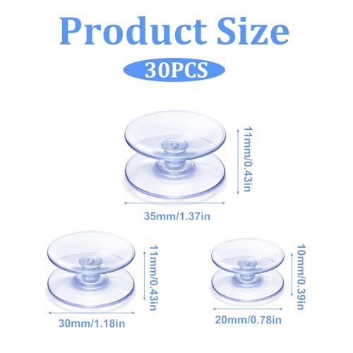 30 Pcs Double Sided Suction Cups, 0.8/1.18/1.4 Inch Clear Plastic Sucker Pads Without Hooks Non-Slip Small Suction Cups for Glass Table, Mirror, Aquarium