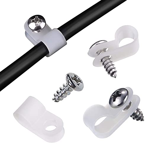 RGBZONE 120Pcs 1/4 Inch White R-Type Cable Clips with Screws, Nylon Plastic Wire Clips for Indoor Outdoor Electrical Wire Cord Management (6.4mm, 1/4 Inch) - color: White, size: 1/4 Inch