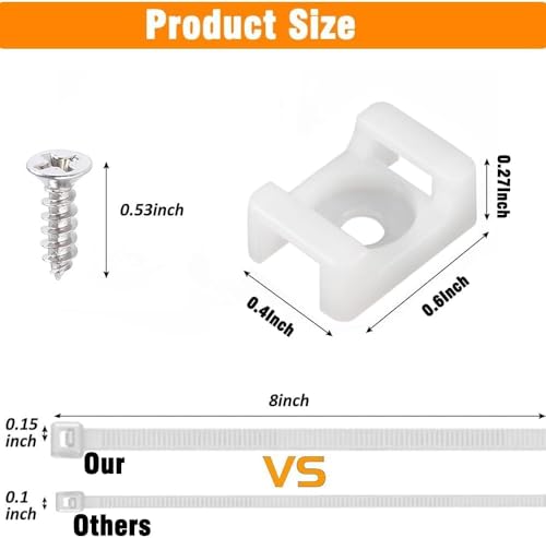 White Cable Zip Tie Mounts Kit-100 Pcs Cable Zip Tie Saddle Type Mounts Base with 100 Pcs 8" Cable Ties and 100 Pcs Tapping Screw, Wire Cable Clips Organizer Holders Clamps - size: B1-100PCS