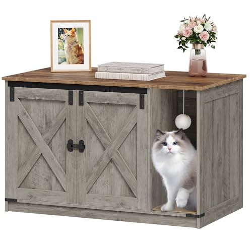 Hzuaneri Cat Litter Box Enclosure, Hidden Litter Box Cabinet Furniture with Bell, Indoor Cats House, Farmhouse Style, 39.4 x 21.7X 24.8 Inches, for Hallway, Bedroom, Greige CB85205X - color: Light Ivory and Brown, size: 39.4"L x 21.7"W x 24.8"H