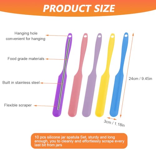 10 pcs Jar Spatula Set, Silicone Jar Scraper with Long Handle, Flexible Small Skinny Spatulas for Kitchen, Waxing, Sourdough, Non-Stick Reusable Wax Silicone Spatula