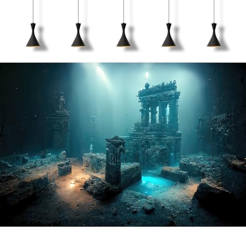 Fantasy Lost Underwater City Aquarium Background Misty Ancient Temple Stone Columns Fish Tank Background Under Water Magical Foggy Ruined Atlantis Buildings Reptile Tank Enclosure Backgrounds 48x24in