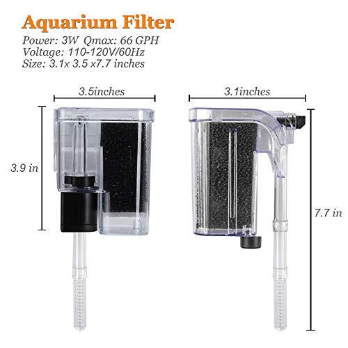 Ultra Quiet Aquarium Hang on Filter (66GPH 3W), Small Fish Tank Filter for 1 to 5 Gallons Fish Tank