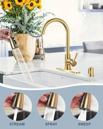 Kitchen Faucet with Air Gap: WOWOW Stainless Steel Kitchen Sink Faucet and Dishwasher Air Gap Kits for Kitchen Sink 2 or 4 Hole, Brushed Gold Kitchen Faucet Combo with Sprayer - color: Gold, style: Kitchen Faucet with Air Gap Kit