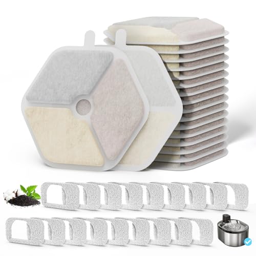 Cat Water Fountain Filter Pet Drinking Fountain Filter & Sponges for 152oz/4.5L Wireless Cat Water Fountain,Triple Filtration System for PTM-643 models, 18 Pack (18 Filters and Sponges) - size: 18 Filters+18 Sponges