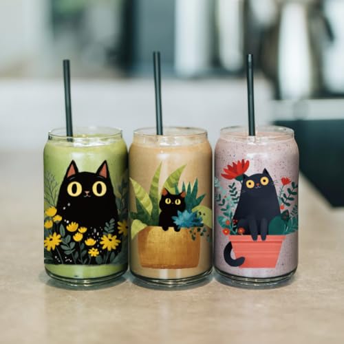 arricraft 10 Sheets UV DTF Cup Wrap for 16OZ Glass, Black Cat and Potted Plant Rub on Decals PVC Transfer Stickers for DIY Cups Wood Funiture 24x11cm/9.4x4.3inch - style: Black Cat and Potted Plant Theme