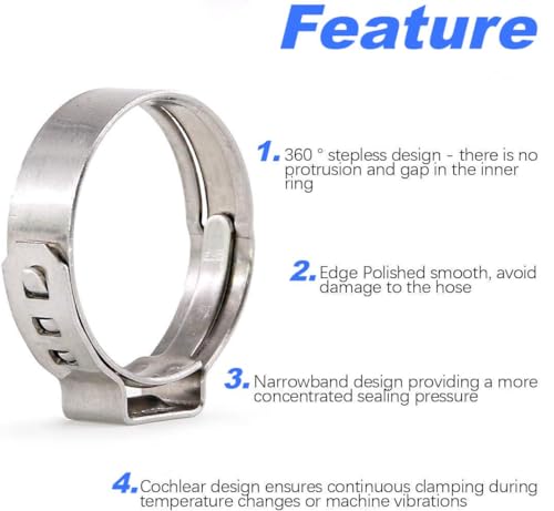 LAZIRO 50Pcs 10.8mm-13.3mm （3/8""）Single Ear Hose Clamp Hose Crimp Clamps Ear Crimp Rings Ear Stepless Hose Clamp Pinch Clamps for Hose Pipe Clamp Tools (3/8inch), Silver - size: 3/8inch