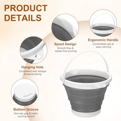 uxcell Collapsible Bucket, 1.3 Gallon (5L) Small Foldable Bucket, Portable Water Pail Round Tub Cleaning Tools with Handle for RV Camping Household Garden Fishing Car Wash, Gray - color: Gray