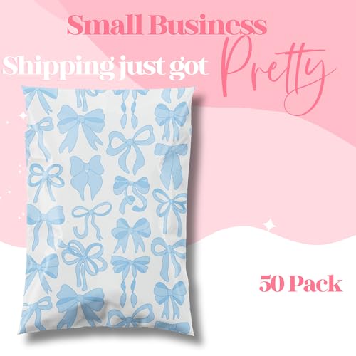 Pretty Package Store 24x24 Designer Poly Mailer 50 Pack Heavy Duty Waterproof Self Seal Shipping Bags for Small Business Large Mailing Envelopes Bulk Tear Resistant Packaging Blue Bows - color: Blue Bows, size: 24x24 Inches