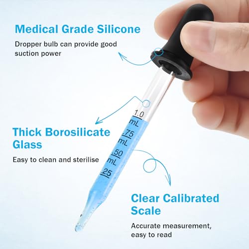 Herain Eye Dropper 8 Pack, Glass Pipette Dropper, 1 ml Droppers Tool for Essential Oils, Crafts, Ear Eye, Lab, Measuring and Transferring a Variety of Liquids, Bent & Straight Tips - style: Large Rubber Bulb-8pcs