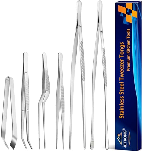 JETKONG 6 Pcs Cooking Tweezer Tongs, 12'' and 6.3" Stainless Steel Kitchen Tweezer Set, Professional Chef Tweezers for Cooking, Repairing, Sea Food, BBQ, Multi-use - color: Silver