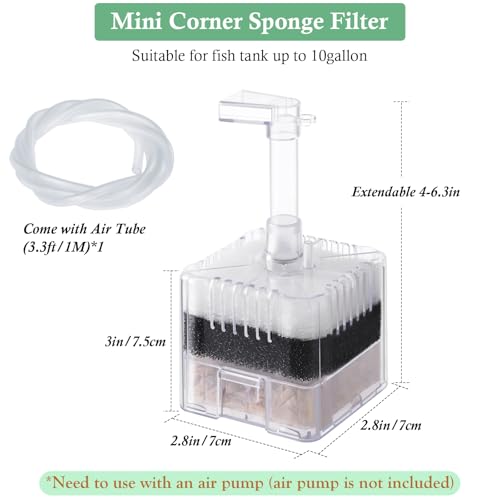 Mini Air-Powered Aquarium Sponge Filter, Corner Spong Filter for 1-10Gallon Fish Tank with Multi Filter Media, for Small Fish, Betta, Shrimp, Fry