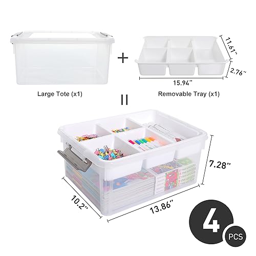Citylife 17 QT Storage Box with Removable Tray Closet Organizers and Storage Clear Storage Container for Organizing, Craft, Tools, Files, Office Supplies, 4 Packs - size: 17 Qt- 4 Pack