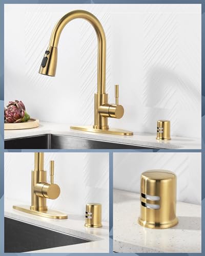 Kitchen Faucet with Air Gap: WOWOW Stainless Steel Kitchen Sink Faucet and Dishwasher Air Gap Kits for Kitchen Sink 2 or 4 Hole, Brushed Gold Kitchen Faucet Combo with Sprayer - color: Gold, style: Kitchen Faucet with Air Gap Kit