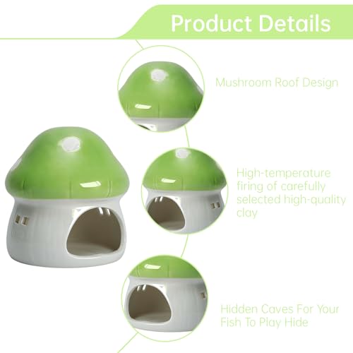 AnRui Ceramic Mushroom Aquarium Decor Cute Mini House Betta Fish Tank Accessories Decoration Hideaway Hideout Cave Ornament for Small Fish, Shrimp, Goldfish and Reptiles (Green, Large) - color: Green, size: Large