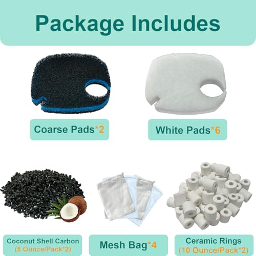 16 Pack Replacement Media Kit Compatible with AMOSIJOY 396GPH 3-Stage Canister External Aquarium Filter, Includes 6 White Pads, 2 Coarse Pads, 2 Activated Carbon, 2 Ceramic Rings & 4 Mesh Bags - size: Big for 396 GPH