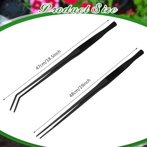 Lasnten 2 Pcs Extra Long Stainless Steel Reptile Feeding Tongs with Rubber Tip 18.5 Inch, 18.9 Inch Bearded Dragon Aquarium Straight and Curved Long Tweezer Terrarium Feeder Tool for Tank(Black) - color: Black, size: 18.5 Inch, 18.9 Inch