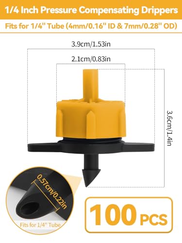 Kalolary 100PCS 1/4" Drip Irrigation Emitters, 1/2 GPH Pressure Compensating Drippers for 4/7mm Tube Micro Sprinkler Garden Constant Water Flow Head for 2L/H Pressure Drip Irrigation Parts (Yellow) - color: 1/2GPH Yellow