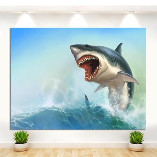 10x8ft Fabric Shark Theme Backdrop Blue Ocean Emerging White Shark Animal Photography Background Aquarium Kids Party Decorations Photo Banner Photo Shoot Props - size: 10x8 FT