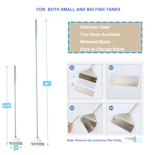 25.2 Inch Aquarium Algae Scraper/Remover for Glass Fish Tanks, Stainless Steel Cleaner Tool Kit/Cleaning Accessories with 10 Replaceable Blades + Coral Feeder + Double-Sided Sponge Brush