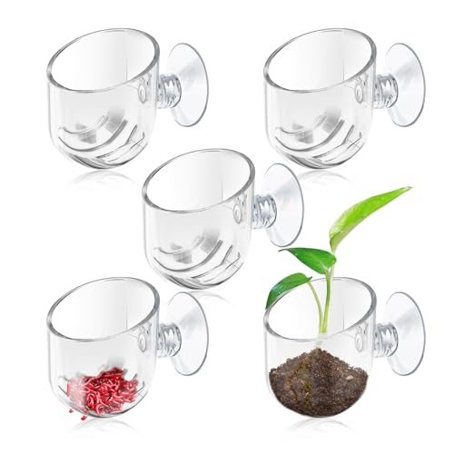 5 Pieces Clear Aquarium Plant Holder with Suction Cup, Acrylic Aquatic Fish Tank Plant Holder Pot, Transparent Hanging Aquarium Planter Cup Fish Shrimp Feeder for Aquascape Decoration