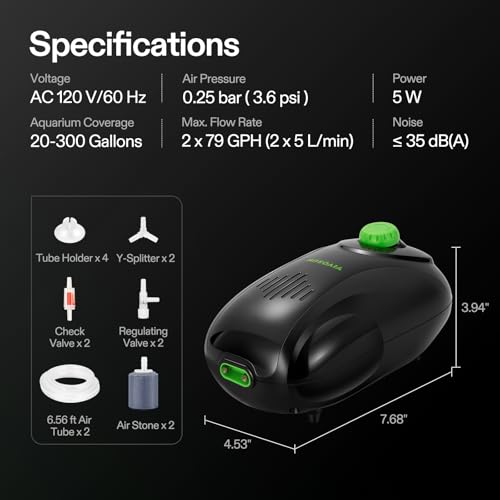 VIVOSUN Aquarium Air Pump Kit, with 160 GPH Dual-Outlet Air Pump and Complete Accessories, Ultra-Quiet, Adjustable Aquarium Aerator for 20-300 Gallons Fish Tanks