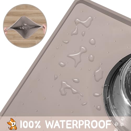 MateeyLife Silicone Cat & Dog Food Mat for Floors Waterproof, Anti-Slip Dog Bowl Mats for Food and Water, Pet Feeding Mats with Lip to Prevent Spills, Pet Placemat for Messy Drinkers to Protect Floors - color: Taupe, size: 18''×12''