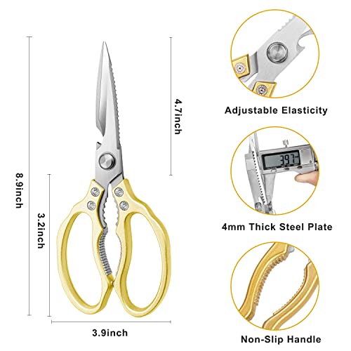 AWinjoy Kitchen Scissors, Heavy Duty Sharp Shears Dishwasher Safe, Kitchen Accessories Cooking Shears for Meat Chicken Fish Poultry Herb Bread (gold) - color: Gold
