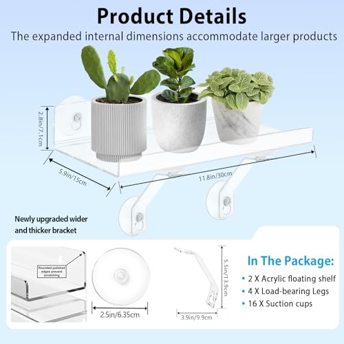 2 Pack 12 Inch Acrylic Window Boxes Plant Shelves, 6 Inch Extra-Wide Windowsill Extender – Features Suction Cups and Support Brackets for Succulents, Herbs, Seed Starting | Indoor/Outdoor Use - size: 12IN-2PC