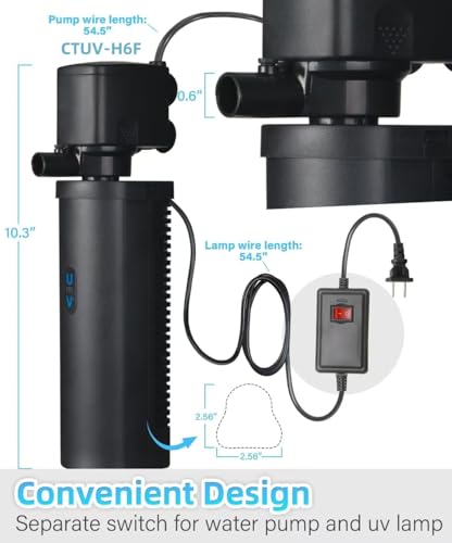 COOSPIDER Aquarium Filter U-Very Suitable for 20-75 Gallon Tank, 30 Gallon Fish Tank Water Filter for Green Water Control, Internal Submersible Pump Filtration System, Fish Filters for Aquariums - size: CTUV-H6F (20-75Gallon)