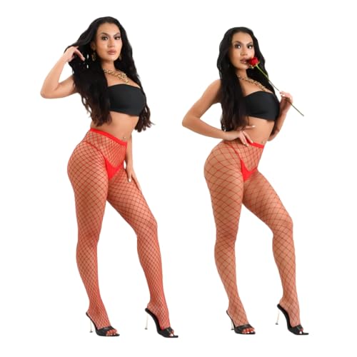 Women's Sexy High Waist Tights Fishnet Stockings Thigh High Pantyhose - color: Red