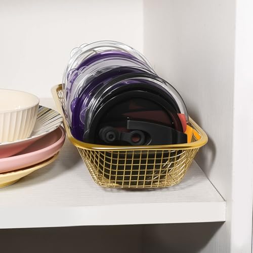 2Pack Stainless Steel Tumbler Cup Lid Organizer Inside Cabinet, Mason Jar Lid Holder, Rectangular Basket for Storage of Silverware, Chopsticks, straws and Utensils, Gold - style: GoldModern-2pack