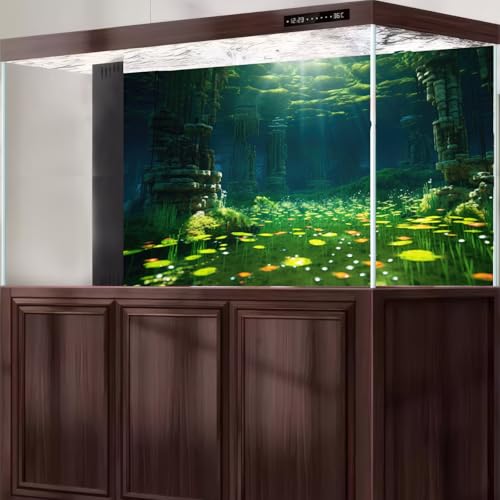Under The Sea Aquarium Background Underwater Cave Ruins Fish Tank Background Aquatic Seagrass Coral Reefs Submerged Rock Column Terrarium Backgrounds Underwater City Reptile Backgrounds 24x12in - color: Blue_Green, size: 24(W)x12(H)in