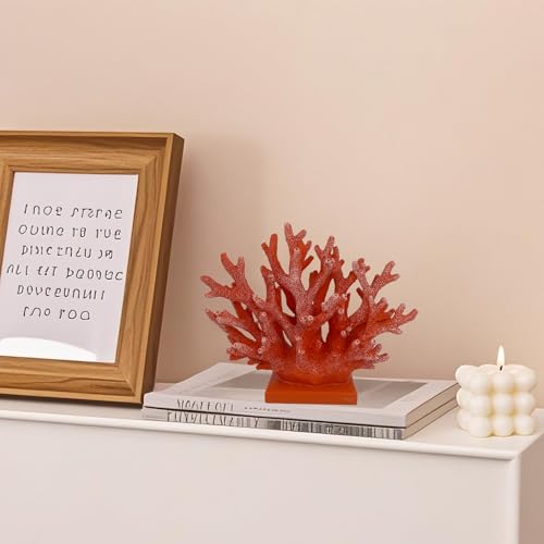 5.8" H Red Orange Coral Decor - Resin Coral Statue, Nautical Decor for Home, Bedroom, Bathroom, Living Room, Ocean Themed Cabinet Shelf Tabletop Decoration - color: Red Orange, size: 5.83"H