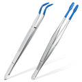 2 Piece Tweezers with Rubber Tips Set - Bent and Straight Flat Tips Tweezers PVC Coated for Stamp Coins Jewelry Crafts, Electronics(Silver, Blue) - color: Silver, Blue