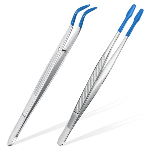 2 Piece Tweezers with Rubber Tips Set - Bent and Straight Flat Tips Tweezers PVC Coated for Stamp Coins Jewelry Crafts, Electronics(Silver, Blue) - color: Silver, Blue
