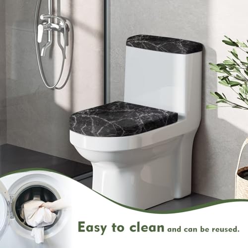 Bathroom Toilet Tank Lid Cover and Toilet Seat Lid Cover 2 Pcs Set, Easy to Clean Toilet Mat Protective Cover Home Indoor Bathroom Decoration Universal Fits, Black Marble - color: Black Marble