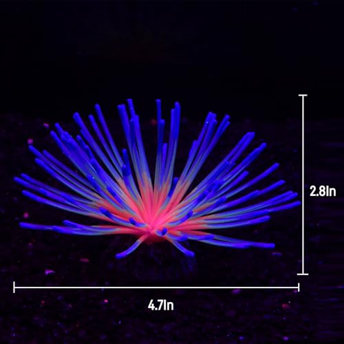 Glowing Sea Urchin Aquarium Decor - Fluorescent Rainbow Ornament with Weighted Base for Fish Tank, Safe Soft Silicone, Freshwater & Saltwater, Vibrant Glow Under Blue Light (Blue) - color: Blue