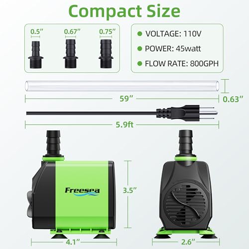 FREESEA Small Pond Pump with Hose: 45w 800gph Adjustable Flow Circulate 500-1200 Gal Water 1-2 Times in 1.5 Hour - 3 Year Durable Operation Keep Pond Clean for Koi health - size: 45W/800GPH