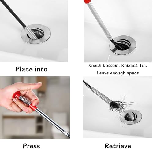 Drain Snake Clog Remover Tool, 3 Plastic (20 Inches) and 1 Stainless Drain Snakes (33 Inches) Included, Effectively Clean Hair and Other Clog for Toilet, Kitchen Sink, Bathroom Tub - style: 33 IN