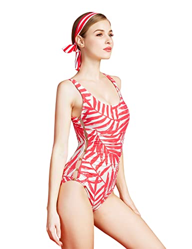 Women's Mesh Swimsuits One Piece Cutout Bathing Suits Backless Hollow Out Swimwear Sexy See Through High Cut Monokini - color: Red Leaf, size: 4