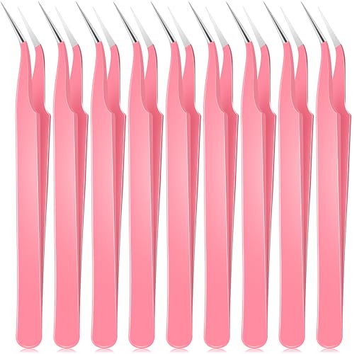 Honoson 9 Pieces Curved Pointed Craft Tweezers Stainless Steel Precision Tweezer with Protective Cover for Rhinestones Dried Flowers Craft Stickers Eyelash Extension Jewelry Making(Pink) - color: Pink