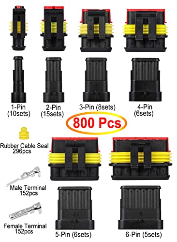 800Pcs 50 Sets Waterproof Automotive Electrical Wire Connectors Plug Kit 1/2/3/4/5/6 Pin Waterproof Connectors with Ratchet Crimping Tool - color: 800pcs With Crimper