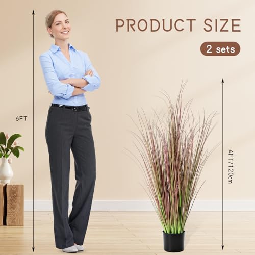 Jexine 2 Pieces Tall Artificial Grass Plant Potted Artificial Greenery Floor Plants Fake Pampas Grass Tall in Pot for Housewarming Gift House Garden Bathroom Lobby Indoor Outdoor (Autumn,4 ft) - color: Autumn, size: 4 ft