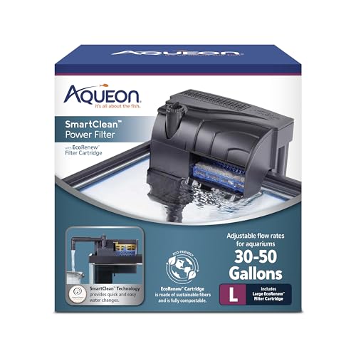 Aqueon SmartClean Power Filter with EcoRenew Filter Cartridge, Quick and Easy Water Changes, Quiet Operation, Adjustable Flow, for 30-50 Gallon Freshwater and Saltwater Aquariums, Large - size: 30-50 Gallons