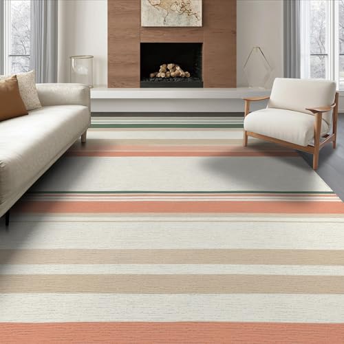 6'x9' Washable Flatwoven Rug, Beige Scandinavian Stripe Stain Resistant Large Carpet for Dining Room, Under Table, Office, Non-Slip Chair-Friendly Floor Mat | Ref:1993948 - color: Beige/Pattern 22, size: 6' x 9' (Rectangular)