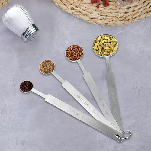 4 Pcs Long Handle Measuring Spoons Set Stainless Steel Measuring Spoon Set Metal Coffee Scoop Tablespoon Teaspoon for Liquid Solid Powder Ingredients (1/4 tsp, 1/2 tsp, 1 tsp, 1 tbsp)