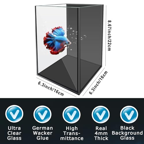 Glass Betta Aquarium Starter Kits 1.5 Gallon Small Fish Tank, Betta Fish Tank with LED Light, Power Filter, Black. 4mm Glass - color: Black transparent