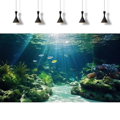 Under The Sea Aquarium Background Underwater Scene Corals Reefs Fish Tank Background Deep Ocean Sea Rock Cave Sunray Terrarium Backgrounds Underwater Marine Life Aquarium Backgrounds 24x12in - color: Green_Blue, size: 24(W)x12(H)inches/ 60(W)*30cm(H)