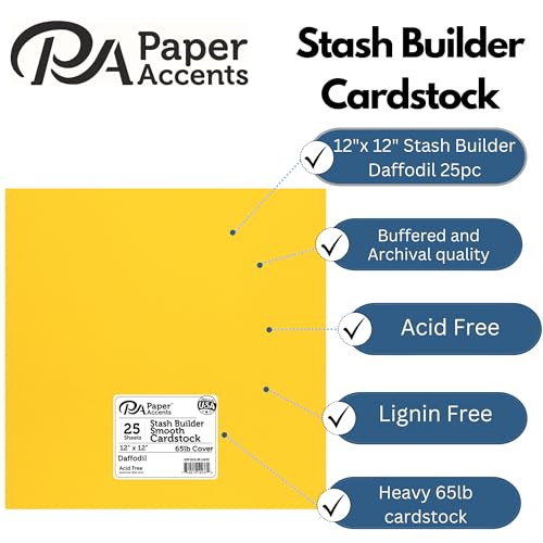 PA Paper Accents Stash Builder Cardstock Pack 12" x 12" Daffodil, 65lb colored cardstock paper for card making, scrapbooking, printing, quilling and crafts, 25 pieces - color: Daffodil